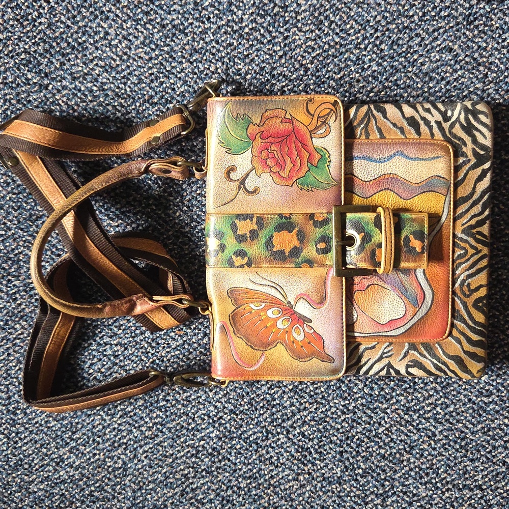 ❤️❤️ Anuschka Handpainted Butterfly & Rose Leather Crossbody w/Handle